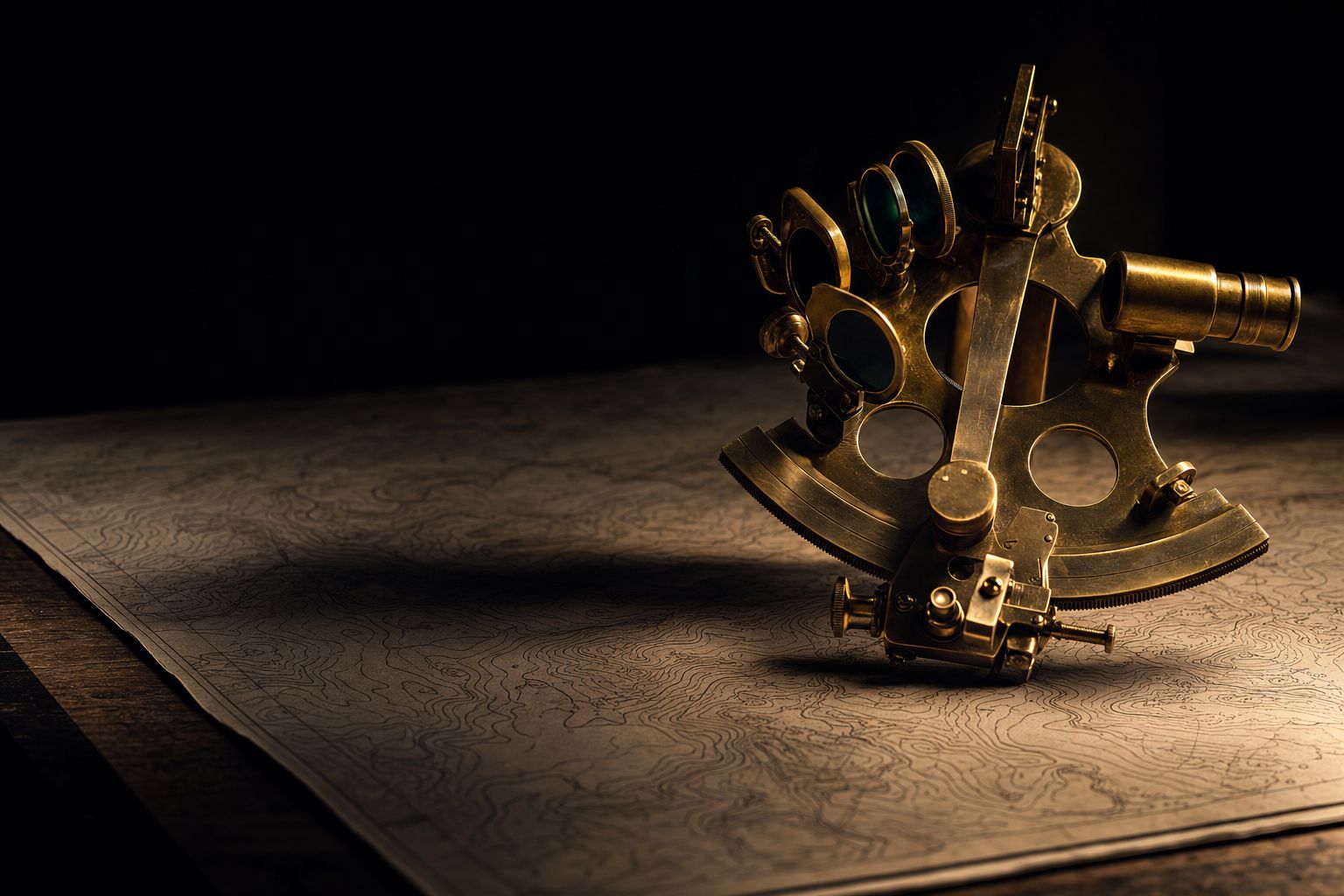 A brass sextant resting on a survey map