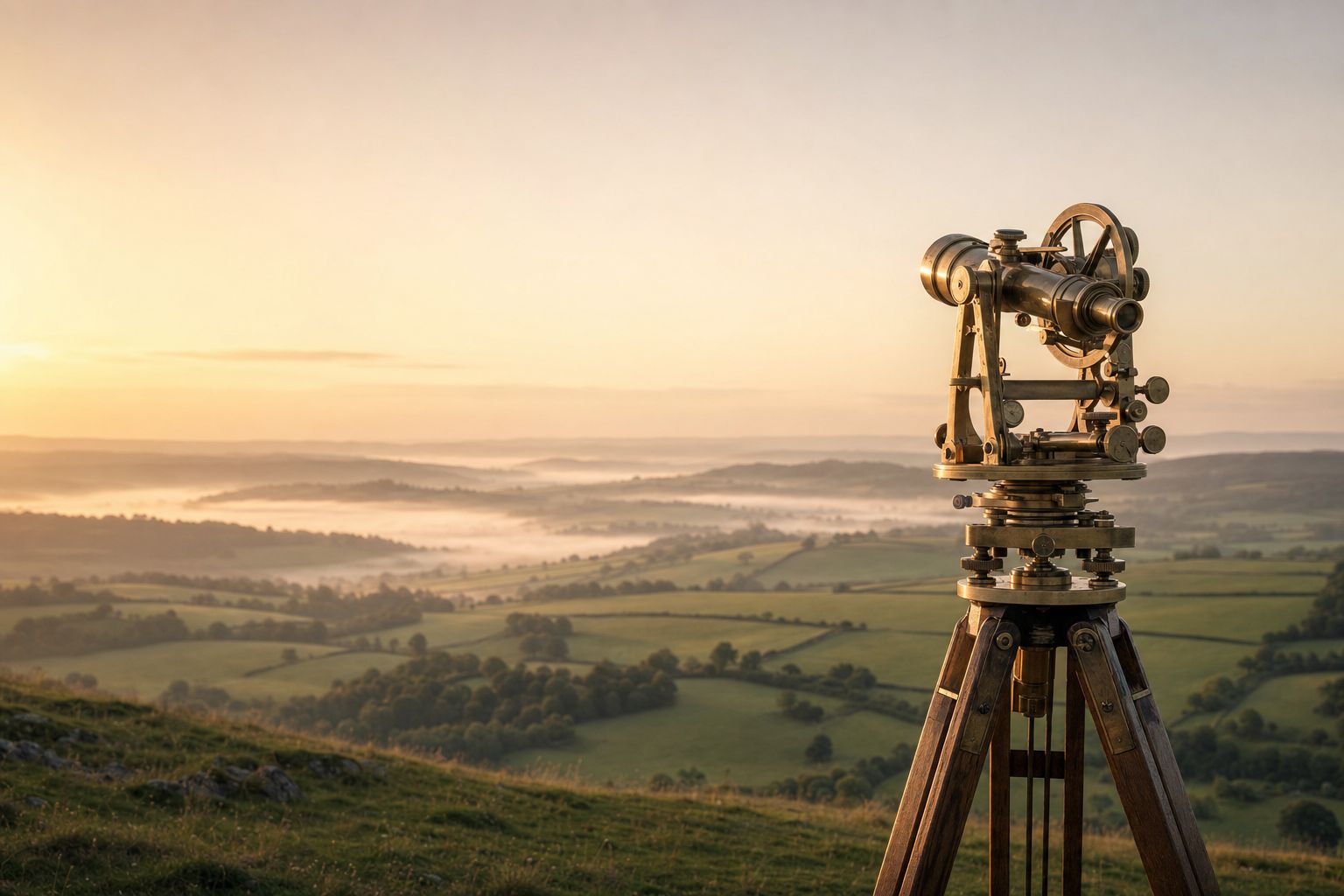 A brass theodolite in a field at dusk